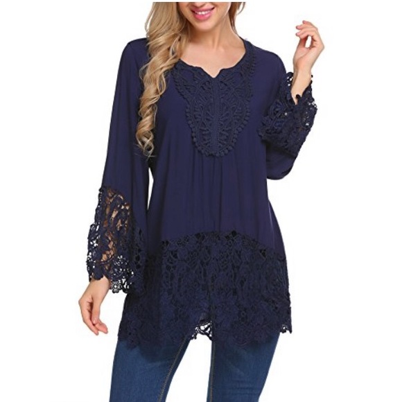 Anthropologie Tops - Anthropologie Lace Flare Sleeve Blouse Blue Small